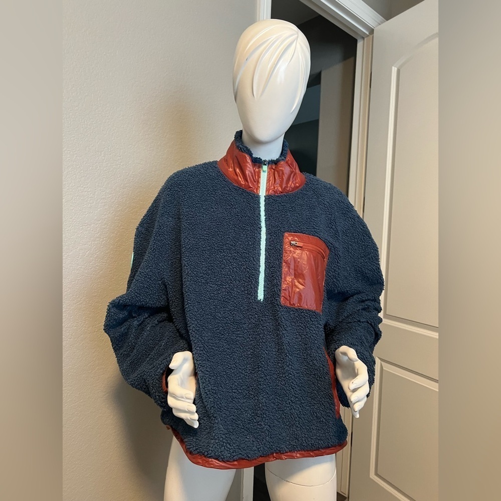 Fabletics Women's Larissa Blue Brown 1/4 Zip Sherpa Pullover Sweater Size